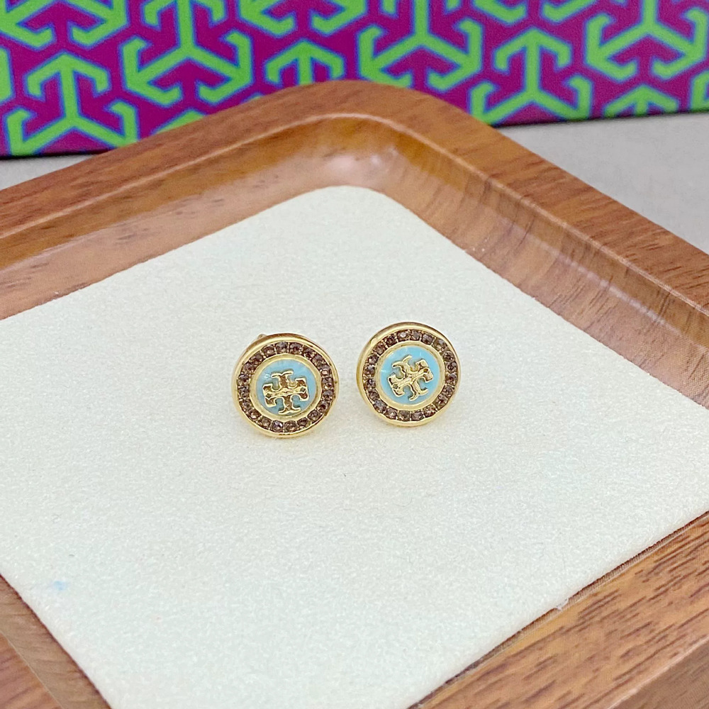 Tory Burch Rhinestone Enamel Round Metal Stud Earrings